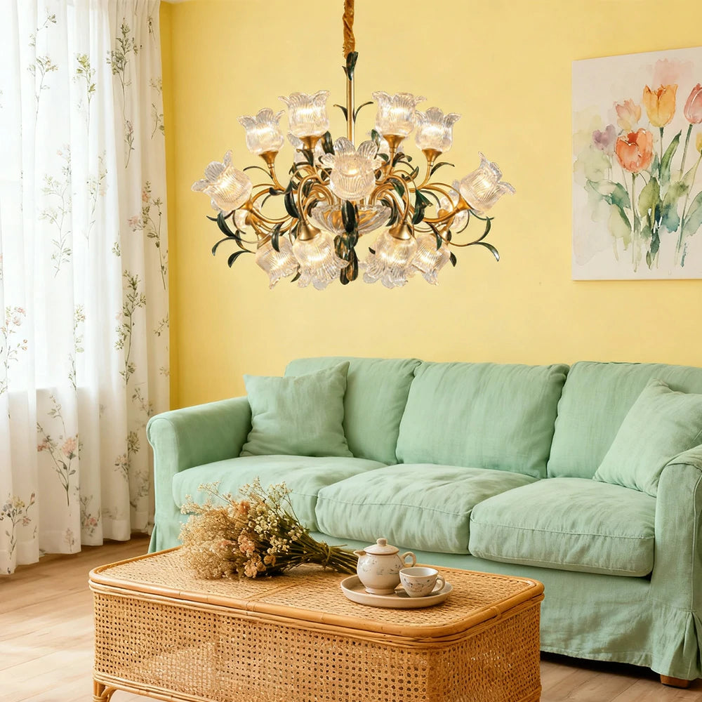 LIVARA Gold Floral Glass Chandelier 12/18/24-Head Warm LED Pendant Light, Handcrafted Vintage Flower Design for Living Room Bedroom Dining Room