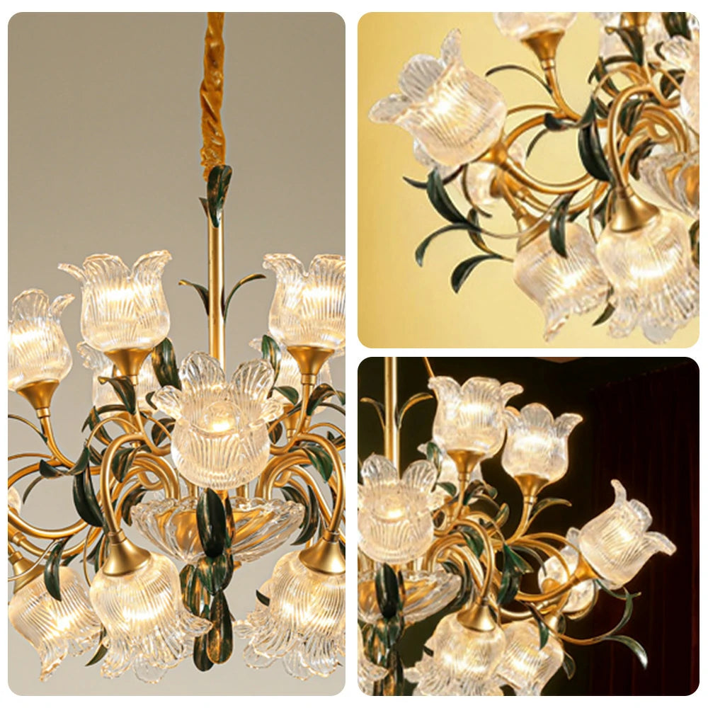 LIVARA Gold Floral Glass Chandelier 12/18/24-Head Warm LED Pendant Light, Handcrafted Vintage Flower Design for Living Room Bedroom Dining Room