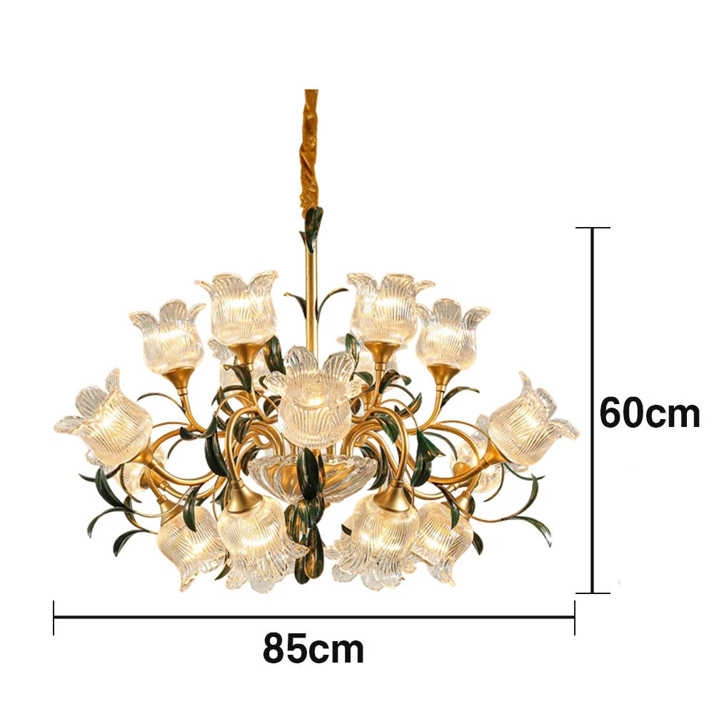 LIVARA Gold Floral Glass Chandelier 12/18/24-Head Warm LED Pendant Light, Handcrafted Vintage Flower Design for Living Room Bedroom Dining Room
