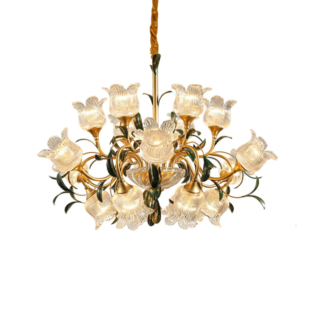 LIVARA Gold Floral Glass Chandelier 12/18/24-Head Warm LED Pendant Light, Handcrafted Vintage Flower Design for Living Room Bedroom Dining Room