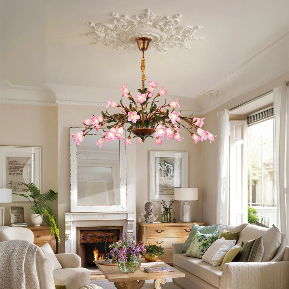 LIVARA Floral Glass Chandelier 68/87/107cm Warm LED Pendant Light, Handcrafted Vintage Flower Design for Living Room Bedroom Dining Room - Pink