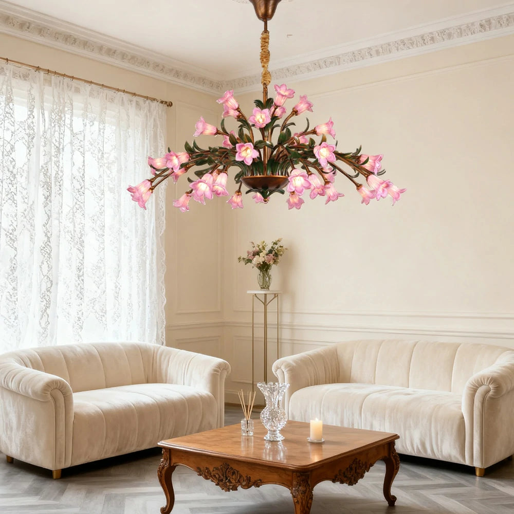 LIVARA Floral Glass Chandelier 68/87/107cm Warm LED Pendant Light, Handcrafted Vintage Flower Design for Living Room Bedroom Dining Room - Pink