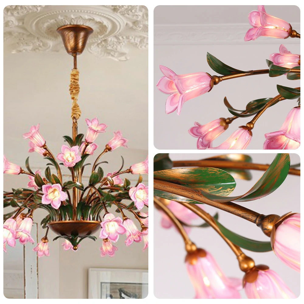 LIVARA Floral Glass Chandelier 68/87/107cm Warm LED Pendant Light, Handcrafted Vintage Flower Design for Living Room Bedroom Dining Room - Pink