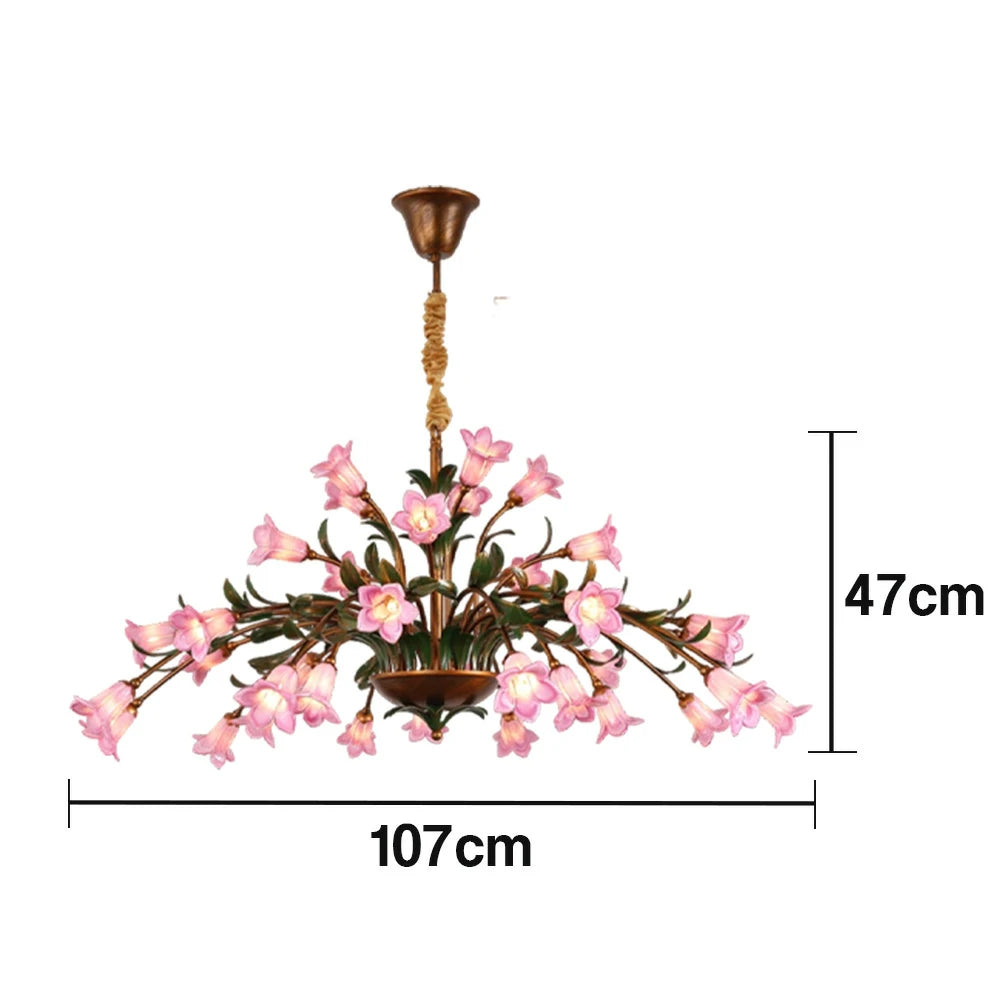 LIVARA Floral Glass Chandelier 68/87/107cm Warm LED Pendant Light, Handcrafted Vintage Flower Design for Living Room Bedroom Dining Room - Pink