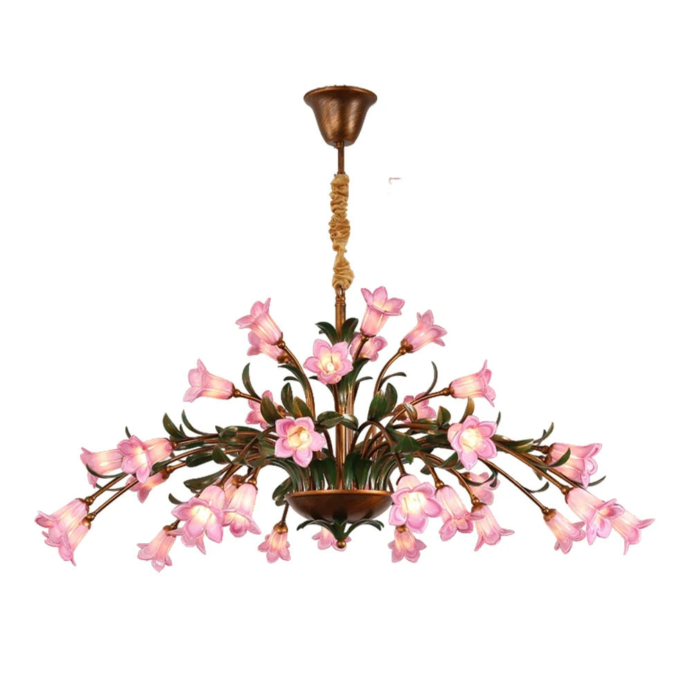 LIVARA Floral Glass Chandelier 68/87/107cm Warm LED Pendant Light, Handcrafted Vintage Flower Design for Living Room Bedroom Dining Room - Pink