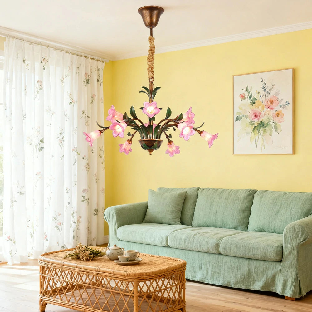 LIVARA Floral Glass Chandelier 68/87/107cm Warm LED Pendant Light, Handcrafted Vintage Flower Design for Living Room Bedroom Dining Room - Pink