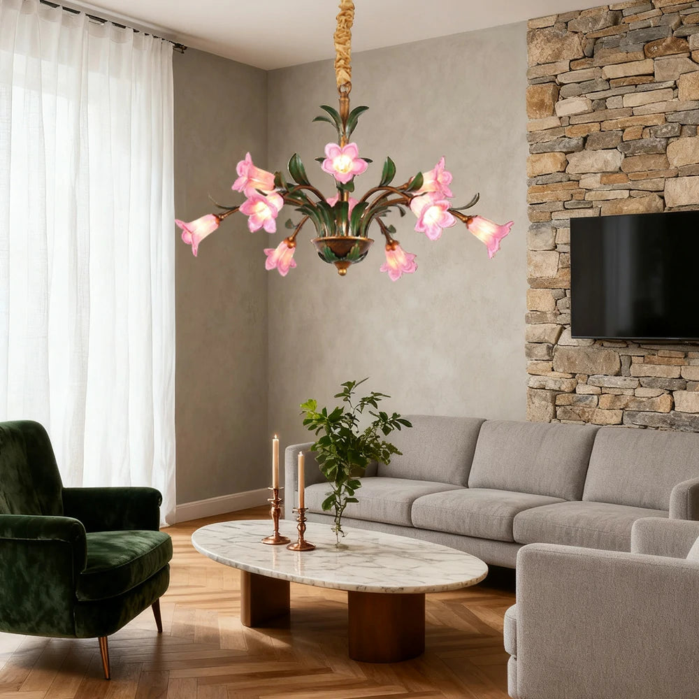 LIVARA Floral Glass Chandelier 68/87/107cm Warm LED Pendant Light, Handcrafted Vintage Flower Design for Living Room Bedroom Dining Room - Pink