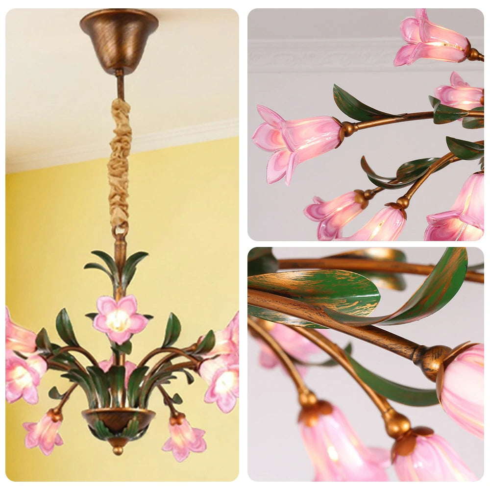 LIVARA Floral Glass Chandelier 68/87/107cm Warm LED Pendant Light, Handcrafted Vintage Flower Design for Living Room Bedroom Dining Room - Pink