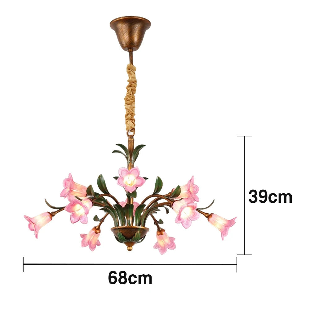 LIVARA Floral Glass Chandelier 68/87/107cm Warm LED Pendant Light, Handcrafted Vintage Flower Design for Living Room Bedroom Dining Room - Pink