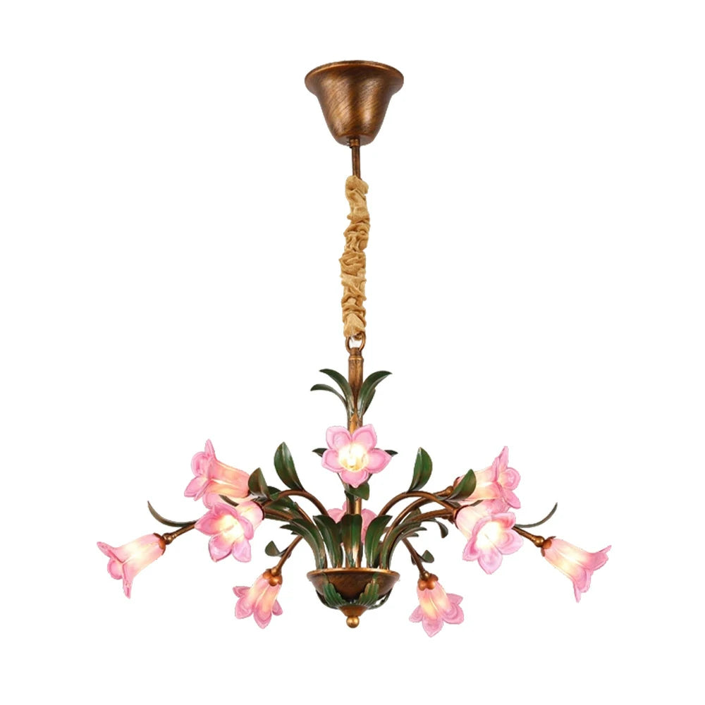LIVARA Floral Glass Chandelier 68/87/107cm Warm LED Pendant Light, Handcrafted Vintage Flower Design for Living Room Bedroom Dining Room - Pink