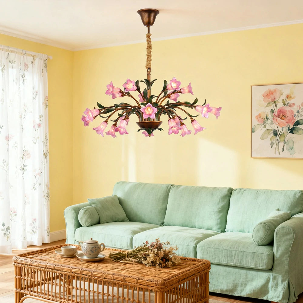 LIVARA Floral Glass Chandelier 68/87/107cm Warm LED Pendant Light, Handcrafted Vintage Flower Design for Living Room Bedroom Dining Room - Pink