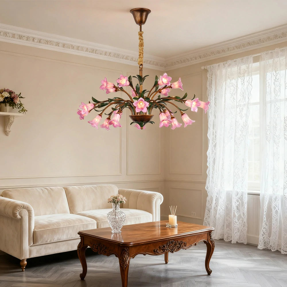 LIVARA Floral Glass Chandelier 68/87/107cm Warm LED Pendant Light, Handcrafted Vintage Flower Design for Living Room Bedroom Dining Room - Pink