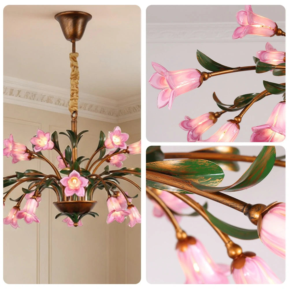 LIVARA Floral Glass Chandelier 68/87/107cm Warm LED Pendant Light, Handcrafted Vintage Flower Design for Living Room Bedroom Dining Room - Pink