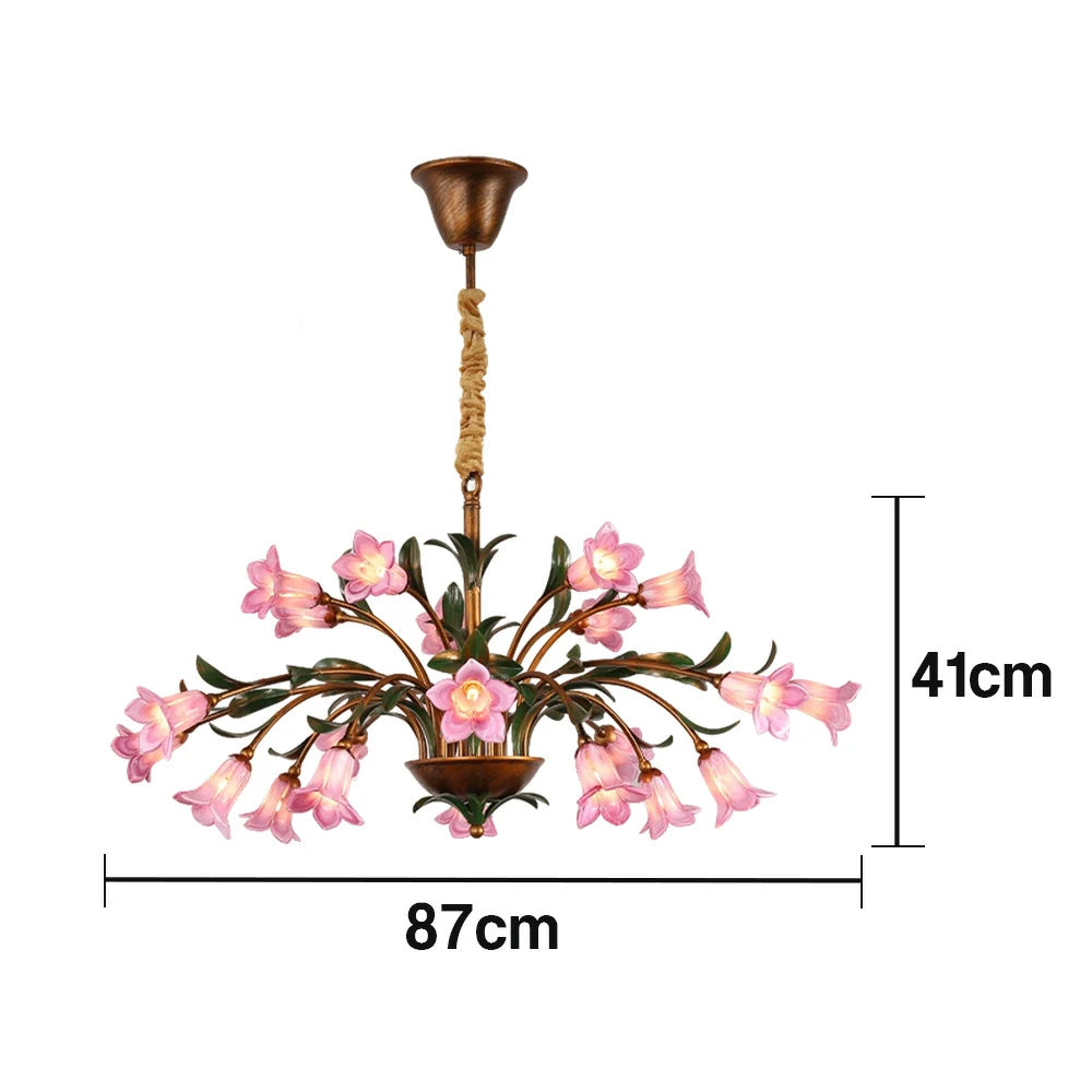 LIVARA Floral Glass Chandelier 68/87/107cm Warm LED Pendant Light, Handcrafted Vintage Flower Design for Living Room Bedroom Dining Room - Pink