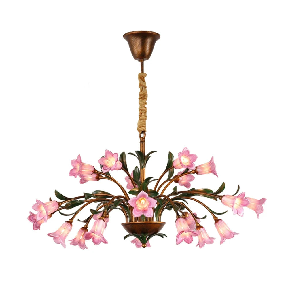 LIVARA Floral Glass Chandelier 68/87/107cm Warm LED Pendant Light, Handcrafted Vintage Flower Design for Living Room Bedroom Dining Room - Pink