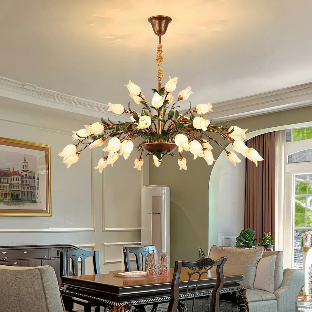 LIVARA Floral Glass Chandelier 68/87/107cm Warm LED Pendant Light, Handcrafted Vintage Flower Design for Living Room Bedroom Dining Room - Yellow