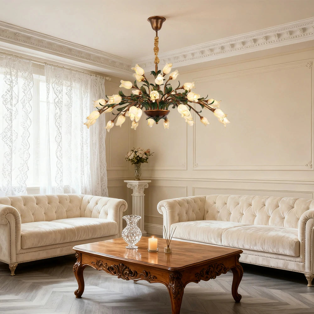 LIVARA Floral Glass Chandelier 68/87/107cm Warm LED Pendant Light, Handcrafted Vintage Flower Design for Living Room Bedroom Dining Room - Yellow