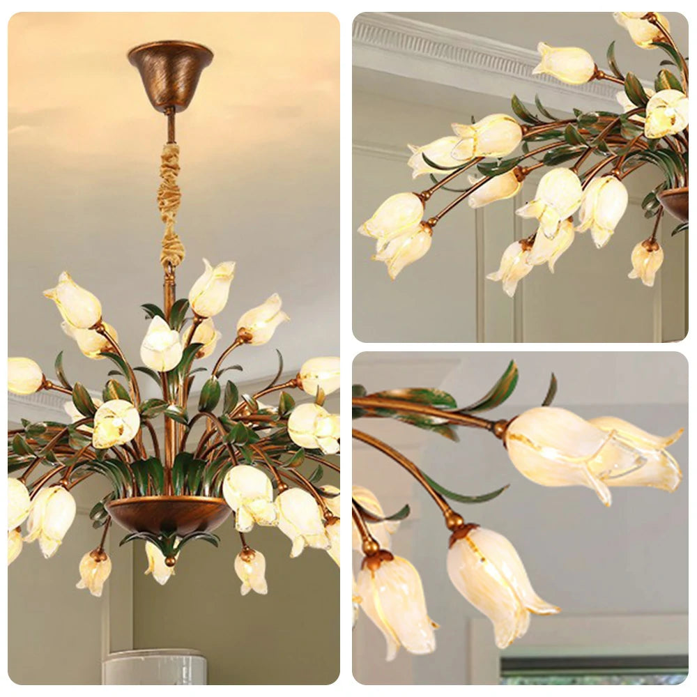 LIVARA Floral Glass Chandelier 68/87/107cm Warm LED Pendant Light, Handcrafted Vintage Flower Design for Living Room Bedroom Dining Room - Yellow