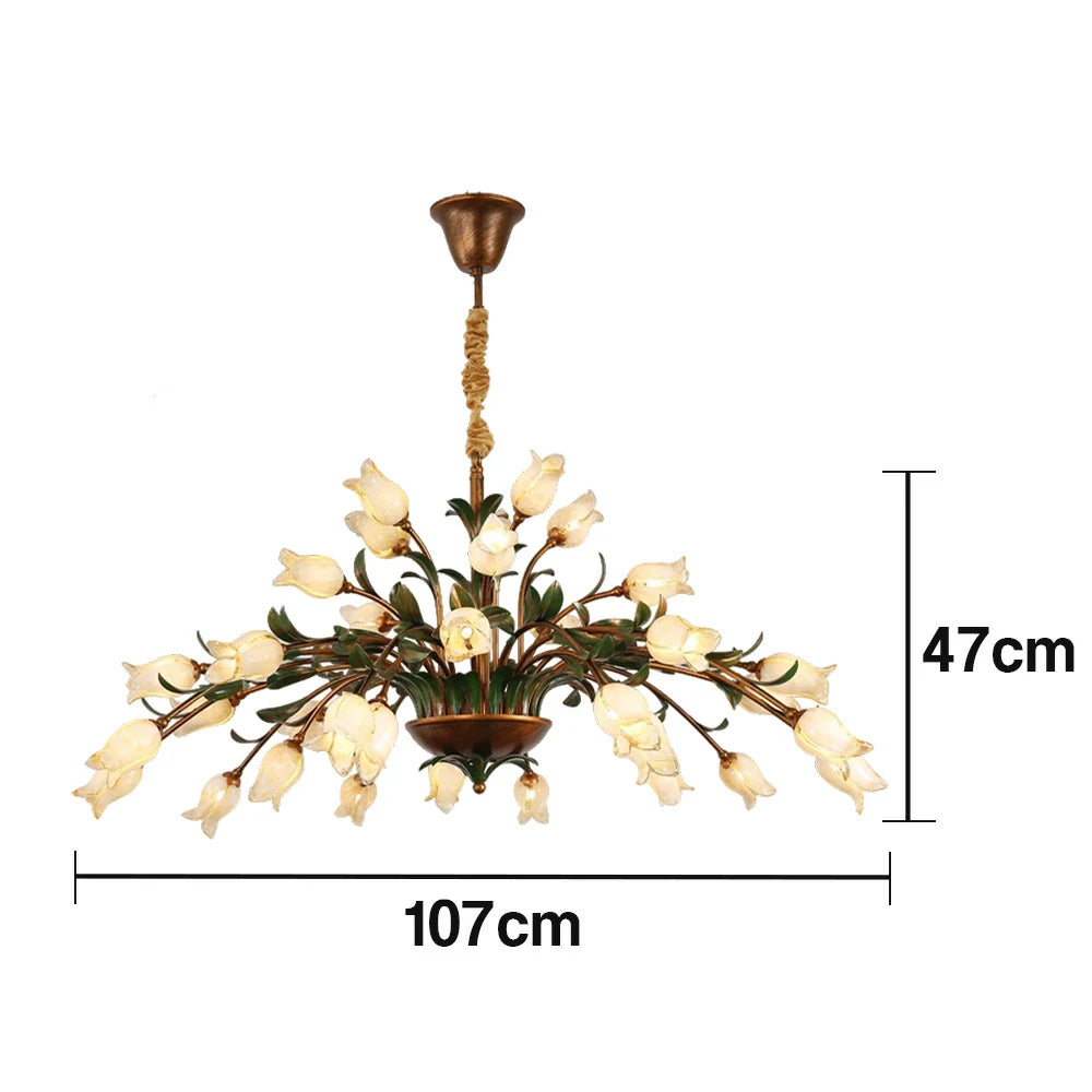LIVARA Floral Glass Chandelier 68/87/107cm Warm LED Pendant Light, Handcrafted Vintage Flower Design for Living Room Bedroom Dining Room - Yellow