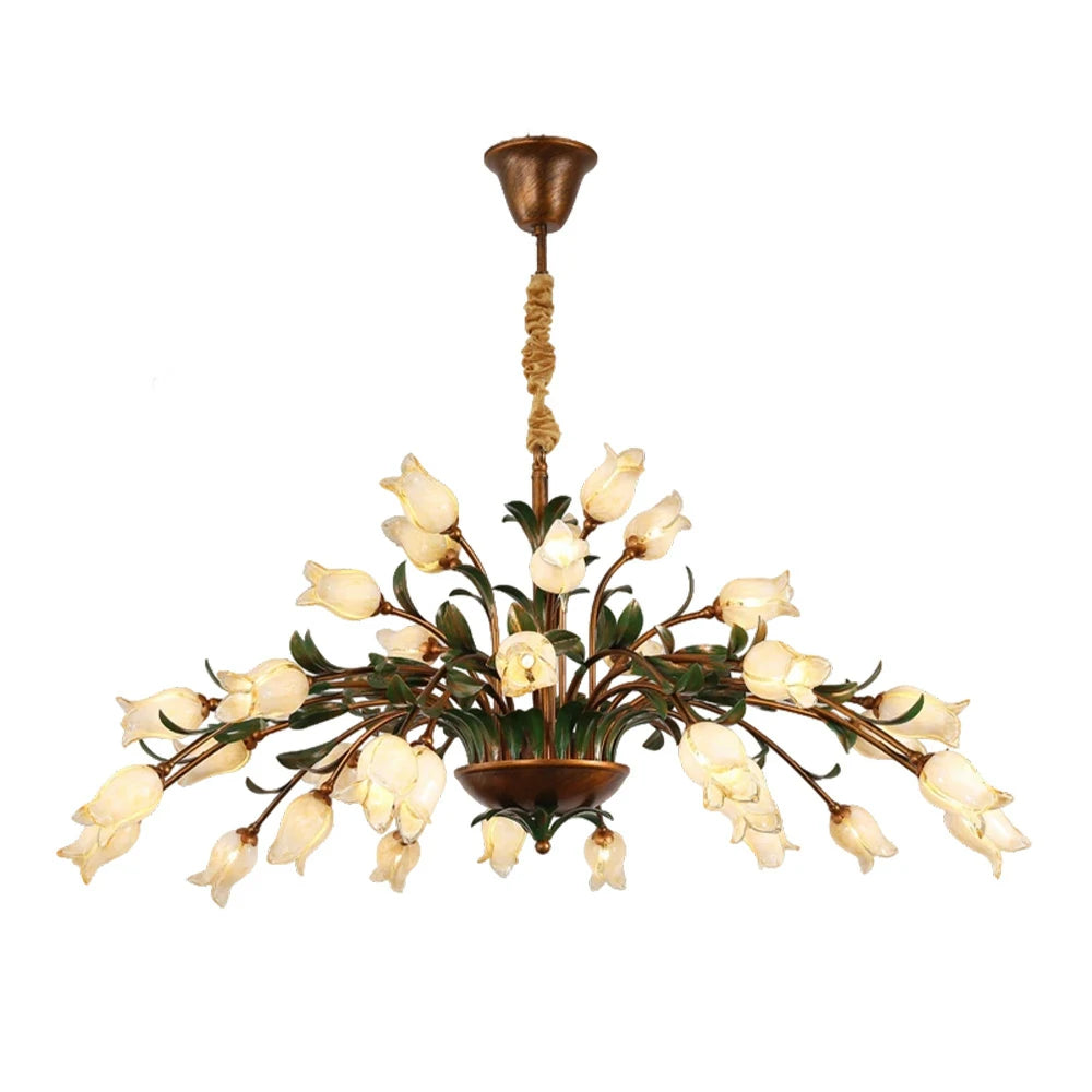 LIVARA Floral Glass Chandelier 68/87/107cm Warm LED Pendant Light, Handcrafted Vintage Flower Design for Living Room Bedroom Dining Room - Yellow