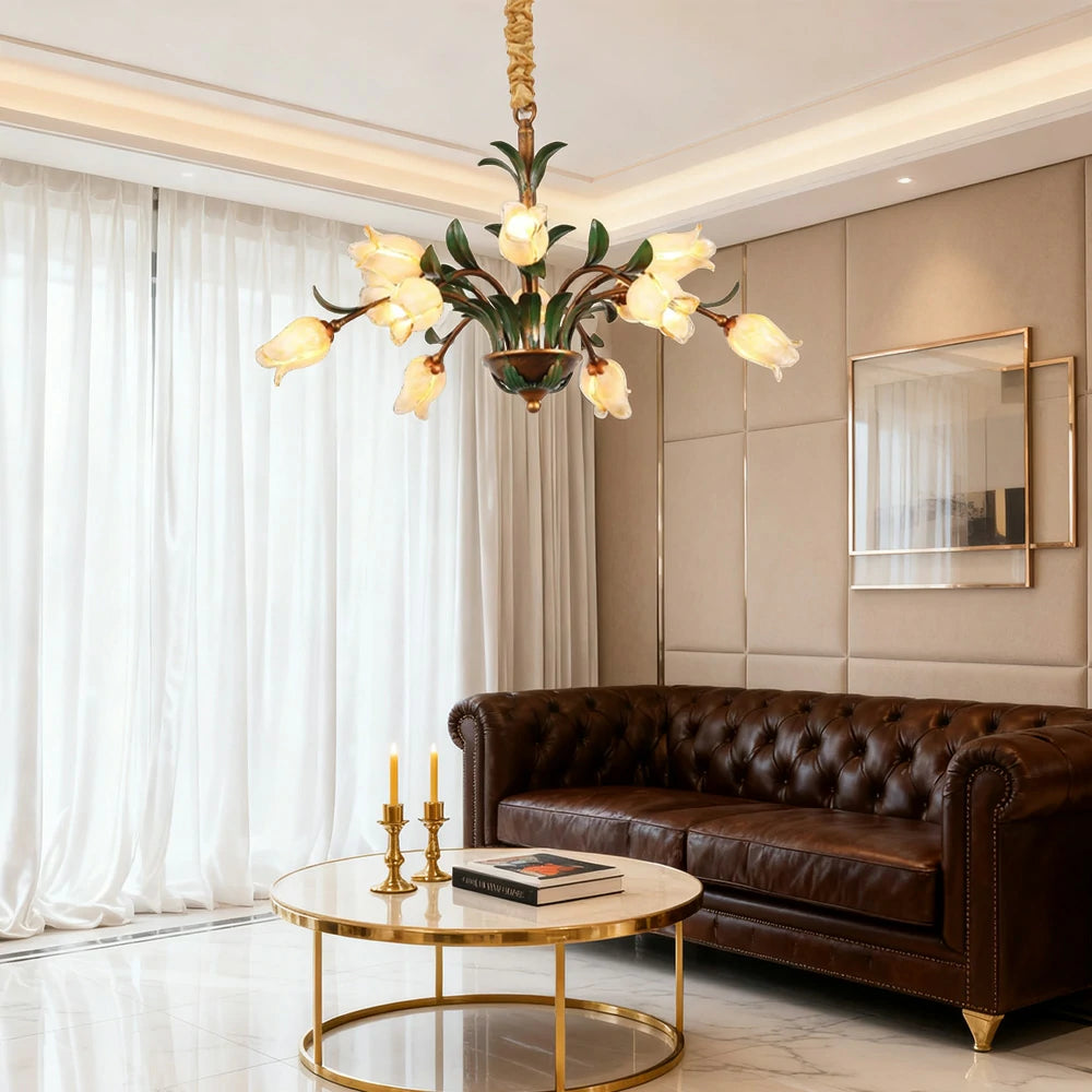 LIVARA Floral Glass Chandelier 68/87/107cm Warm LED Pendant Light, Handcrafted Vintage Flower Design for Living Room Bedroom Dining Room - Yellow