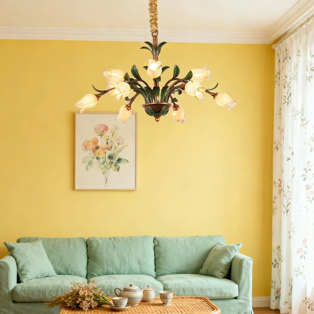 LIVARA Floral Glass Chandelier 68/87/107cm Warm LED Pendant Light, Handcrafted Vintage Flower Design for Living Room Bedroom Dining Room - Yellow