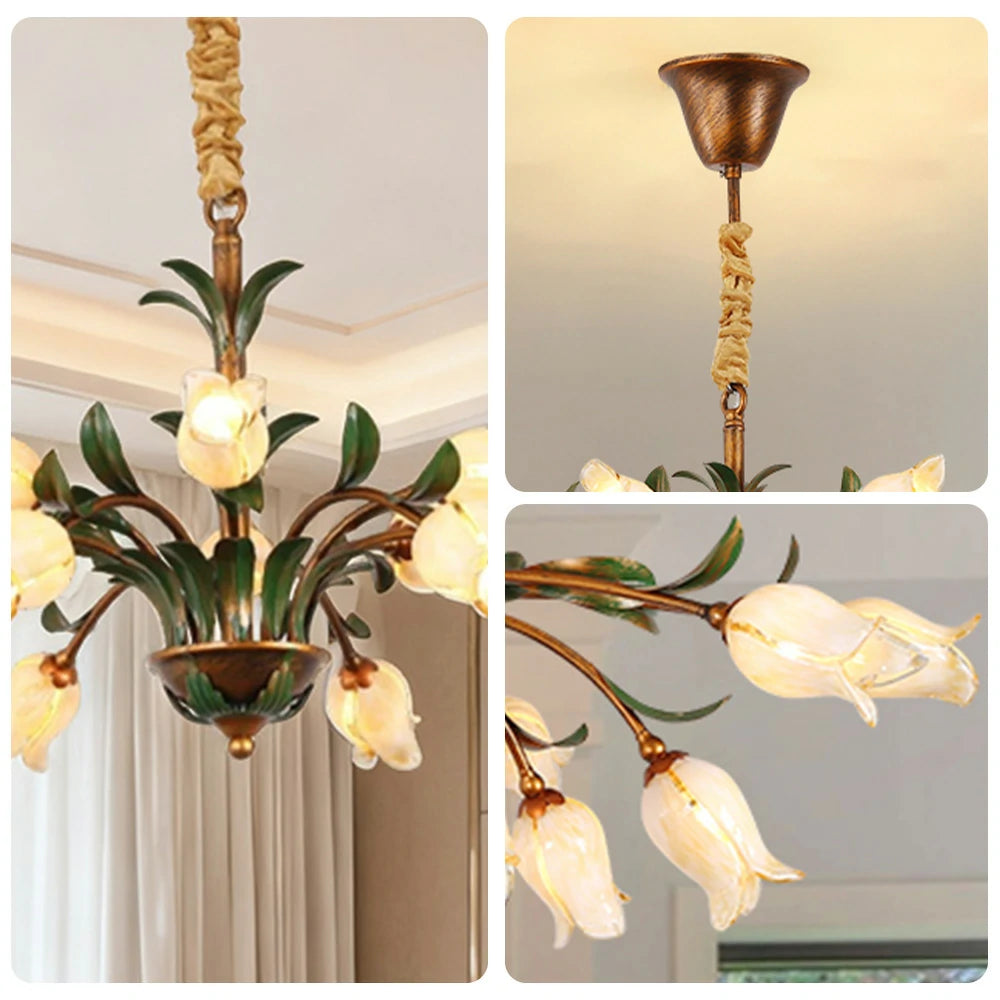 LIVARA Floral Glass Chandelier 68/87/107cm Warm LED Pendant Light, Handcrafted Vintage Flower Design for Living Room Bedroom Dining Room - Yellow