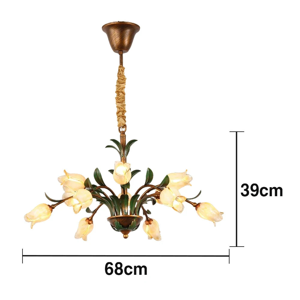 LIVARA Floral Glass Chandelier 68/87/107cm Warm LED Pendant Light, Handcrafted Vintage Flower Design for Living Room Bedroom Dining Room - Yellow