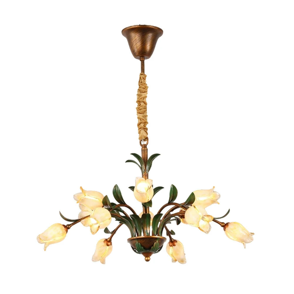 LIVARA Floral Glass Chandelier 68/87/107cm Warm LED Pendant Light, Handcrafted Vintage Flower Design for Living Room Bedroom Dining Room - Yellow