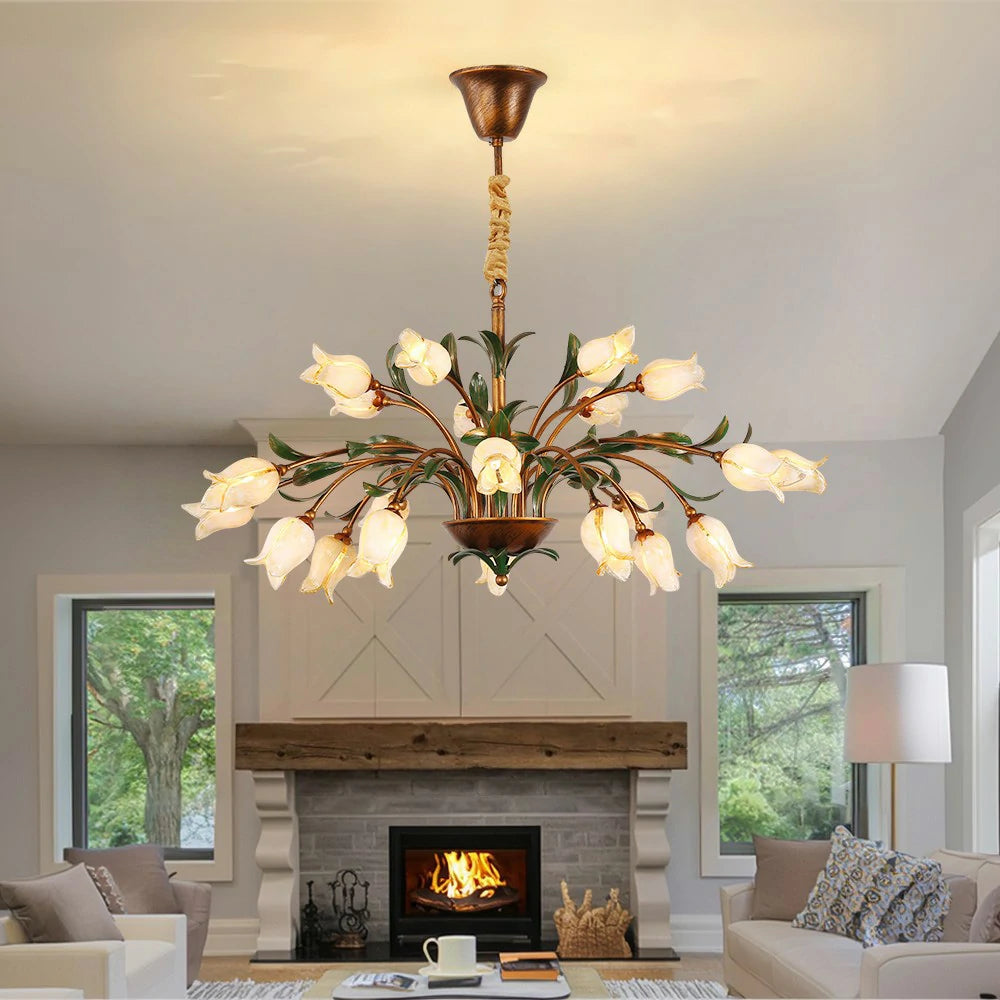 LIVARA Floral Glass Chandelier 68/87/107cm Warm LED Pendant Light, Handcrafted Vintage Flower Design for Living Room Bedroom Dining Room - Yellow