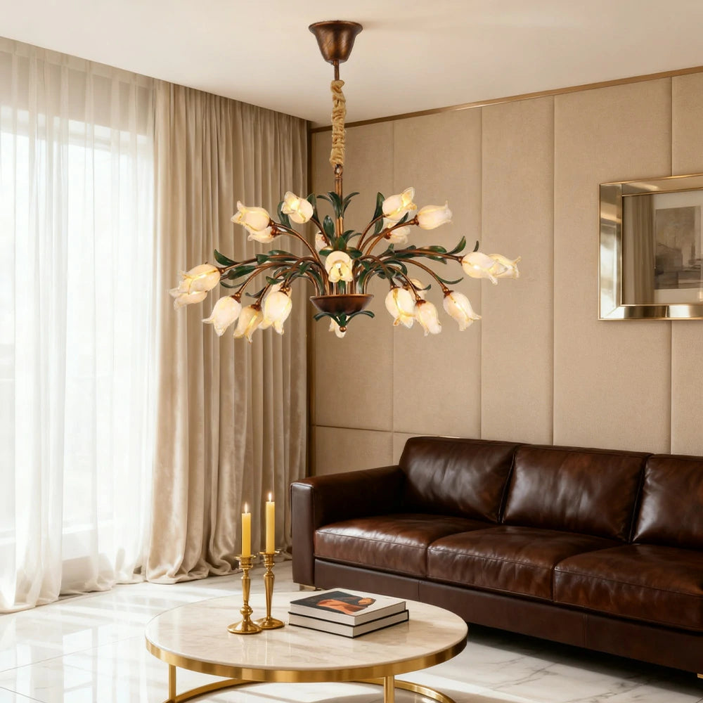 LIVARA Floral Glass Chandelier 68/87/107cm Warm LED Pendant Light, Handcrafted Vintage Flower Design for Living Room Bedroom Dining Room - Yellow