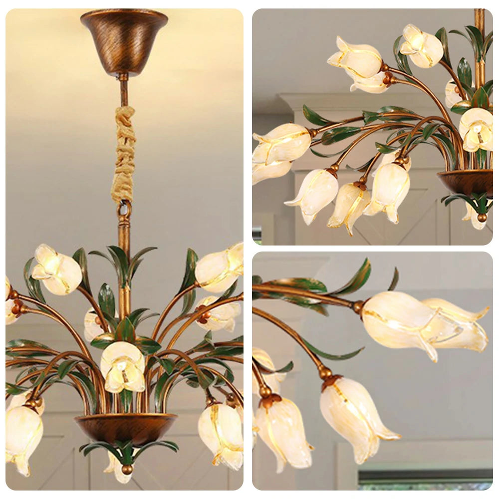 LIVARA Floral Glass Chandelier 68/87/107cm Warm LED Pendant Light, Handcrafted Vintage Flower Design for Living Room Bedroom Dining Room - Yellow