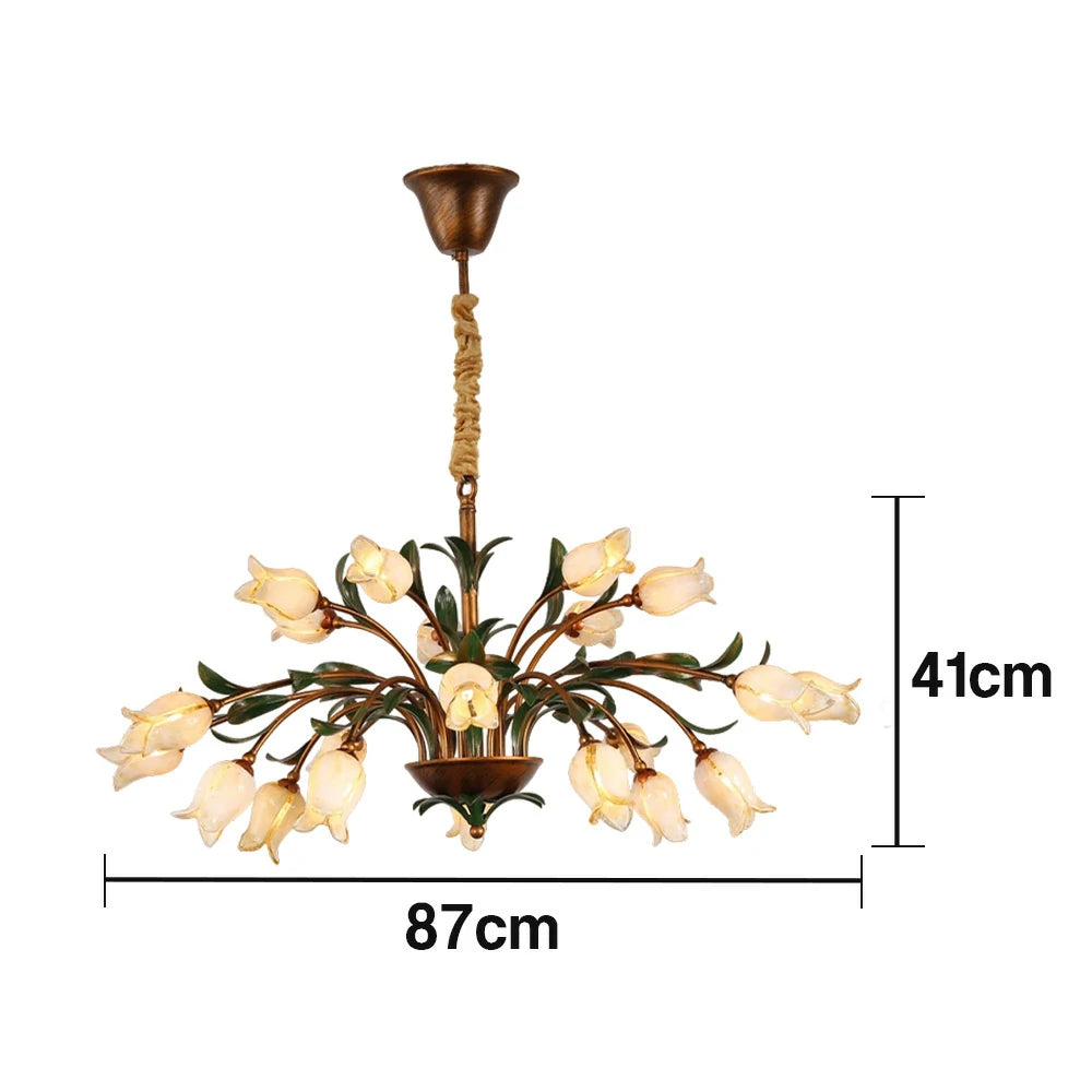 LIVARA Floral Glass Chandelier 68/87/107cm Warm LED Pendant Light, Handcrafted Vintage Flower Design for Living Room Bedroom Dining Room - Yellow