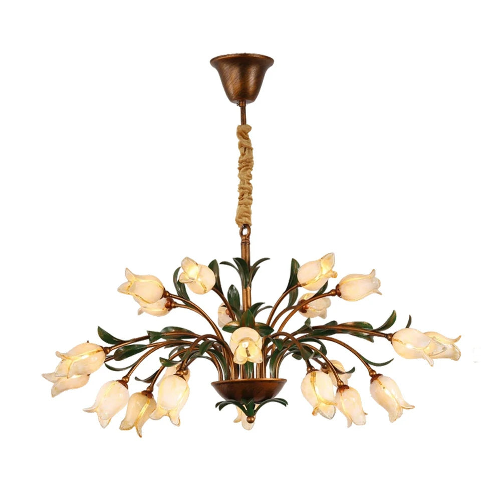 LIVARA Floral Glass Chandelier 68/87/107cm Warm LED Pendant Light, Handcrafted Vintage Flower Design for Living Room Bedroom Dining Room - Yellow