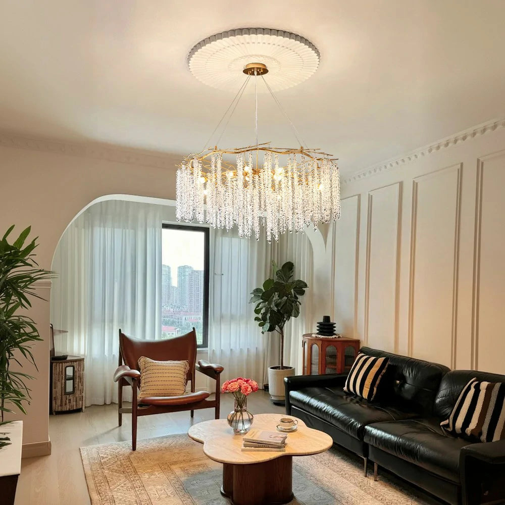 LIVARA Crystal Tassel Chandelier 6/8/10-Head LED Pendant Light, Gold Iron Frame & E14 Lamp Holder for Living Room Bedroom Dining Room