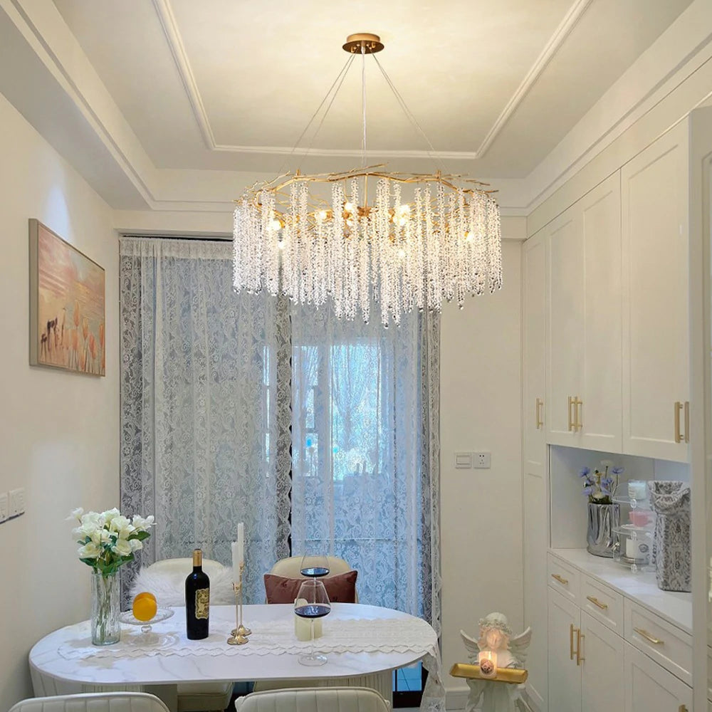 LIVARA Crystal Tassel Chandelier 6/8/10-Head LED Pendant Light, Gold Iron Frame & E14 Lamp Holder for Living Room Bedroom Dining Room