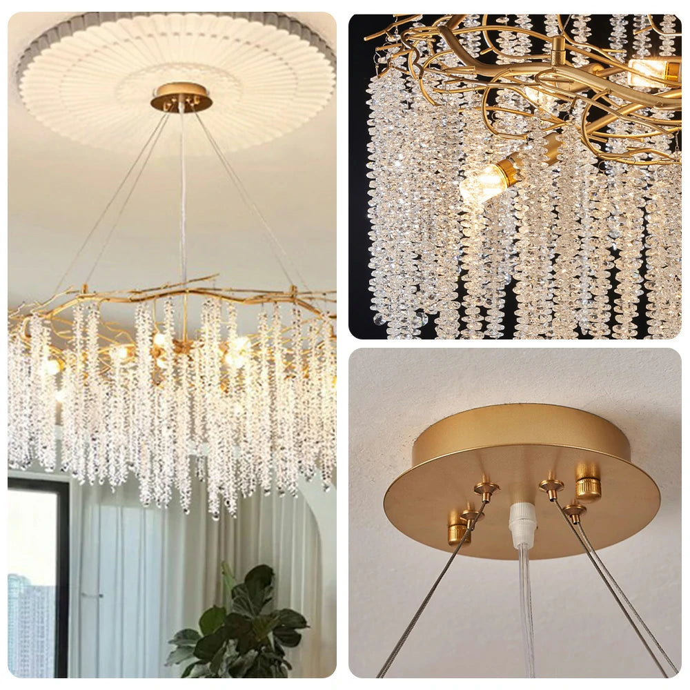 LIVARA Crystal Tassel Chandelier 6/8/10-Head LED Pendant Light, Gold Iron Frame & E14 Lamp Holder for Living Room Bedroom Dining Room