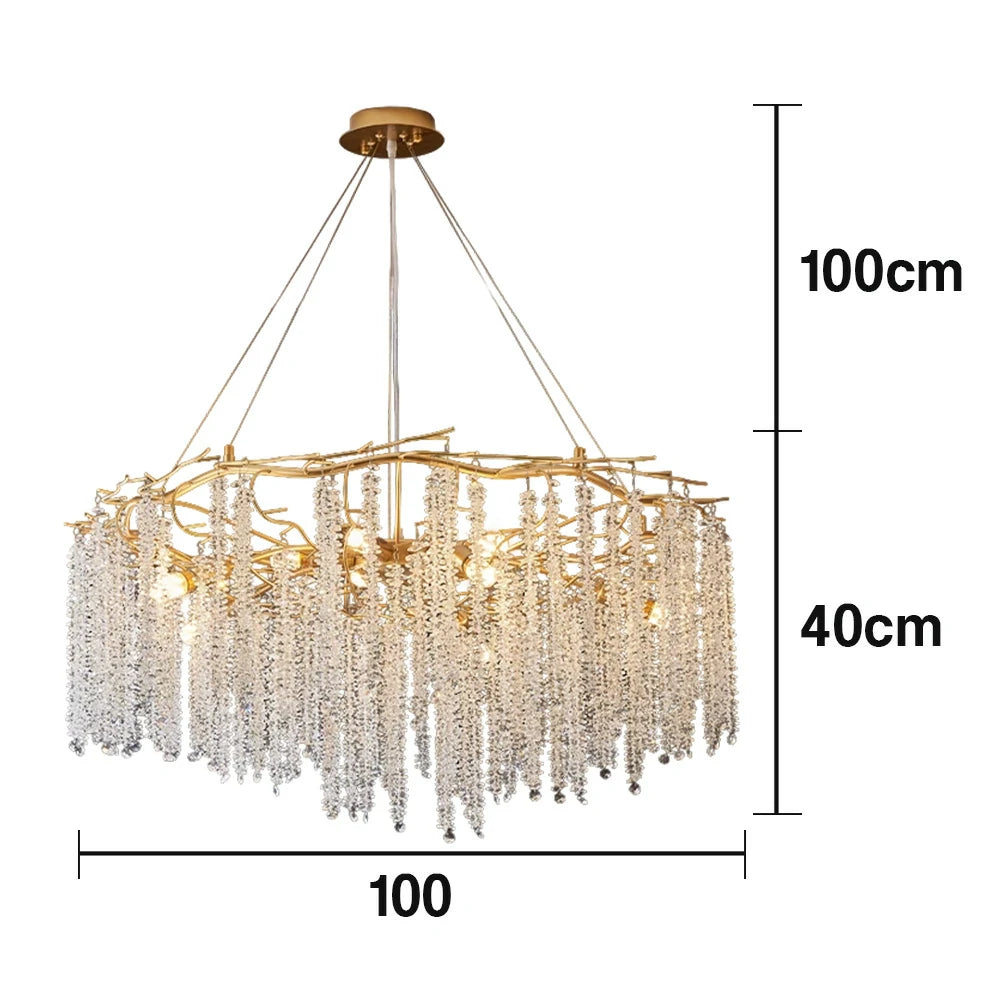 LIVARA Crystal Tassel Chandelier 6/8/10-Head LED Pendant Light, Gold Iron Frame & E14 Lamp Holder for Living Room Bedroom Dining Room
