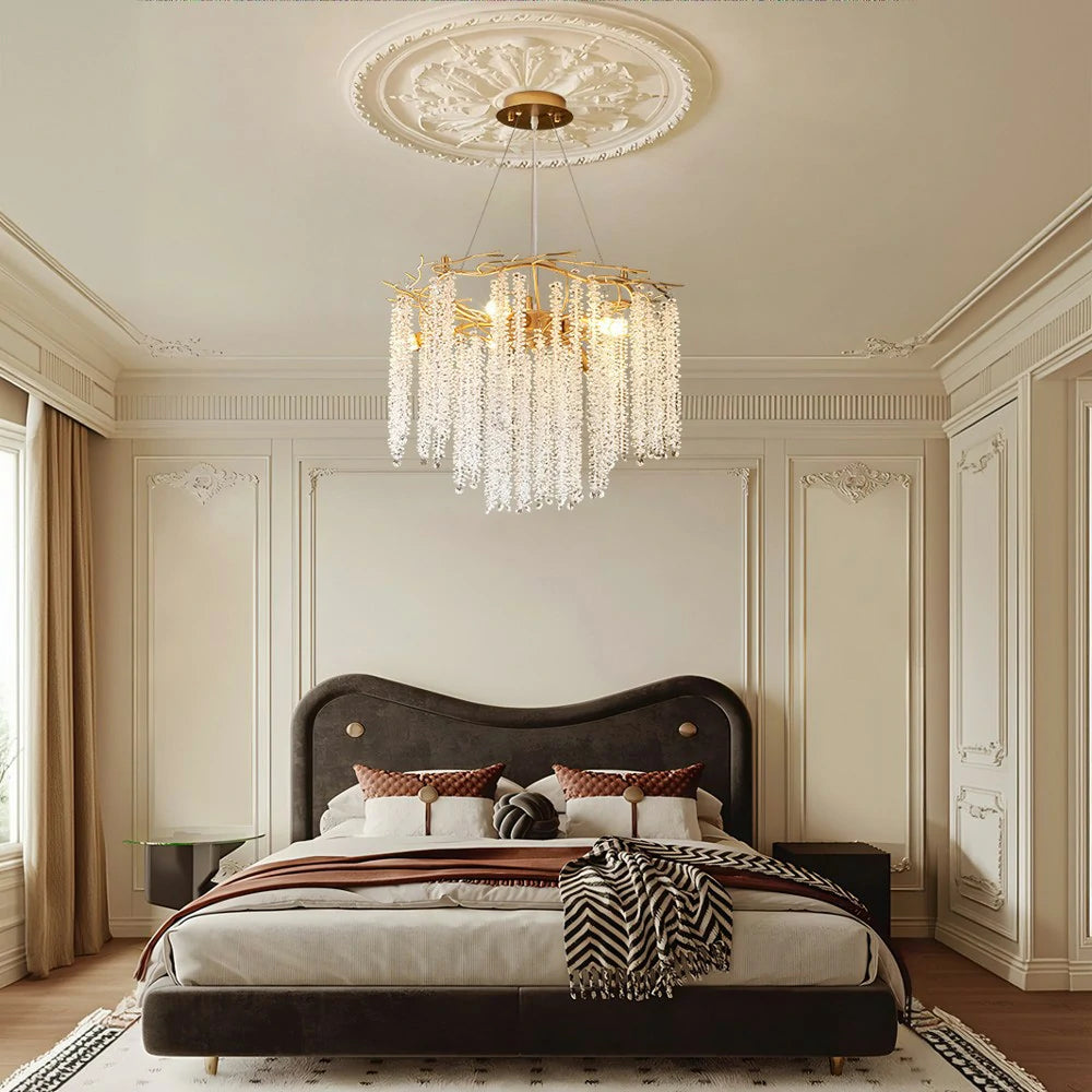 LIVARA Crystal Tassel Chandelier 6/8/10-Head LED Pendant Light, Gold Iron Frame & E14 Lamp Holder for Living Room Bedroom Dining Room