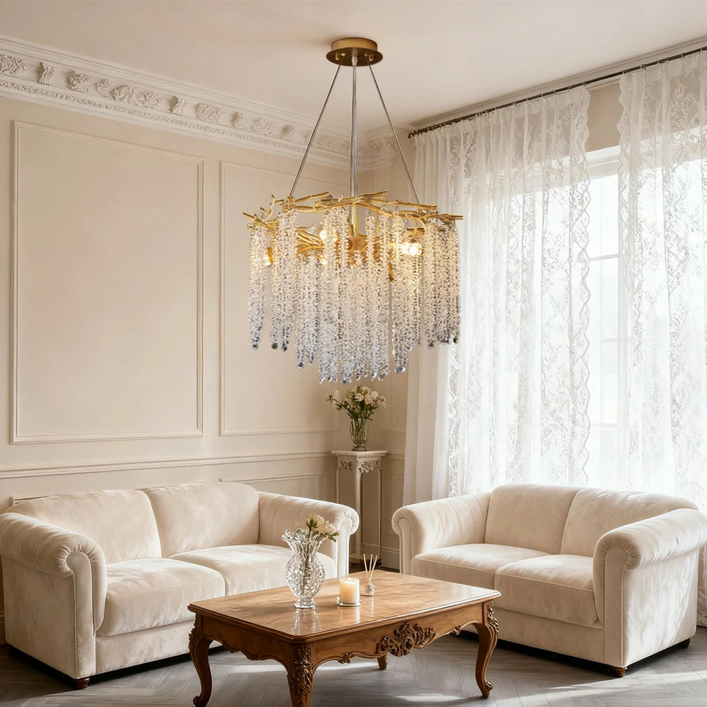 LIVARA Crystal Tassel Chandelier 6/8/10-Head LED Pendant Light, Gold Iron Frame & E14 Lamp Holder for Living Room Bedroom Dining Room