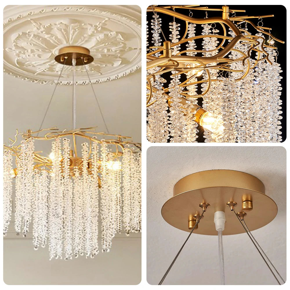 LIVARA Crystal Tassel Chandelier 6/8/10-Head LED Pendant Light, Gold Iron Frame & E14 Lamp Holder for Living Room Bedroom Dining Room