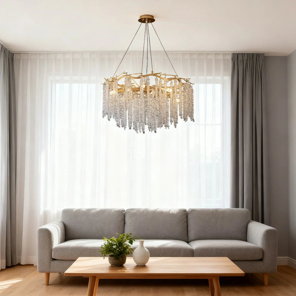 LIVARA Crystal Tassel Chandelier 6/8/10-Head LED Pendant Light, Gold Iron Frame & E14 Lamp Holder for Living Room Bedroom Dining Room