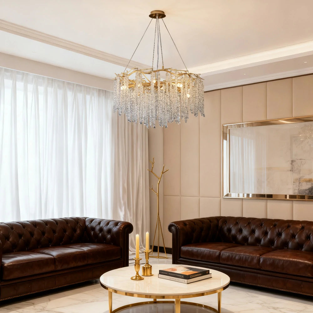 LIVARA Crystal Tassel Chandelier 6/8/10-Head LED Pendant Light, Gold Iron Frame & E14 Lamp Holder for Living Room Bedroom Dining Room