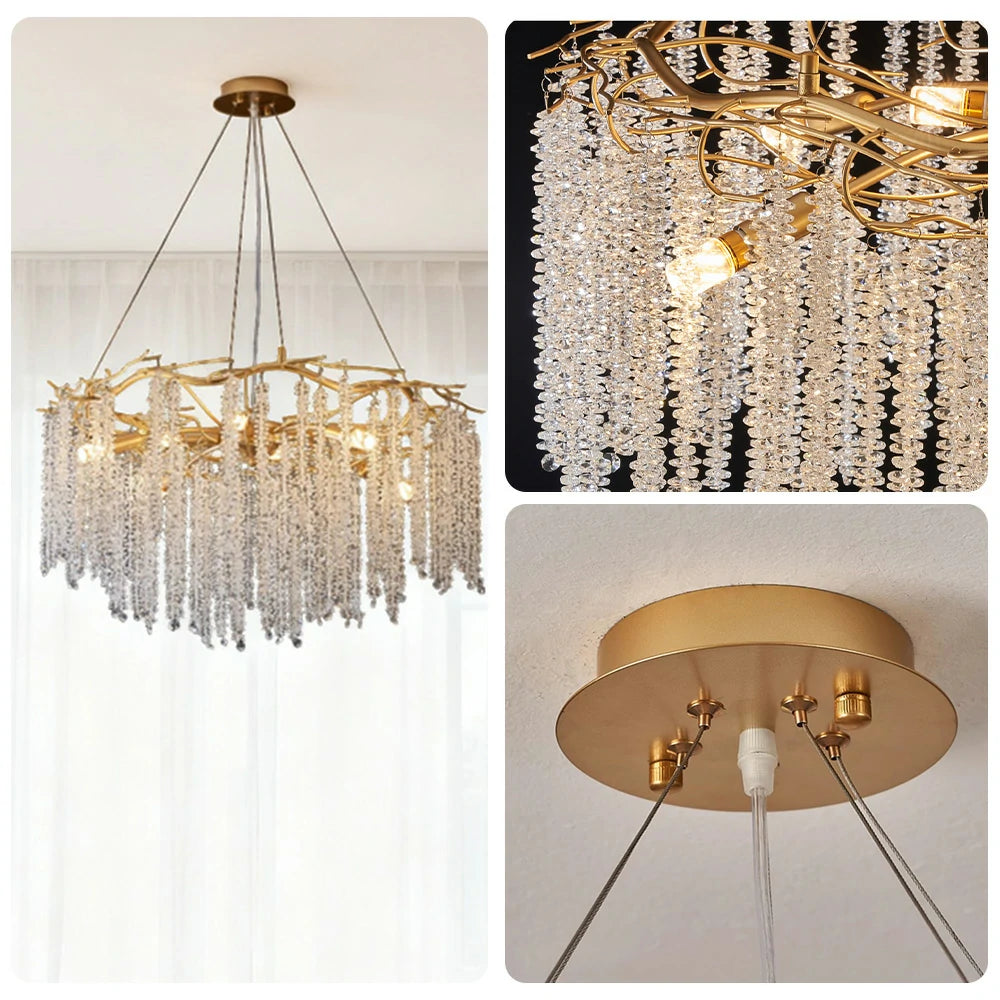 LIVARA Crystal Tassel Chandelier 6/8/10-Head LED Pendant Light, Gold Iron Frame & E14 Lamp Holder for Living Room Bedroom Dining Room