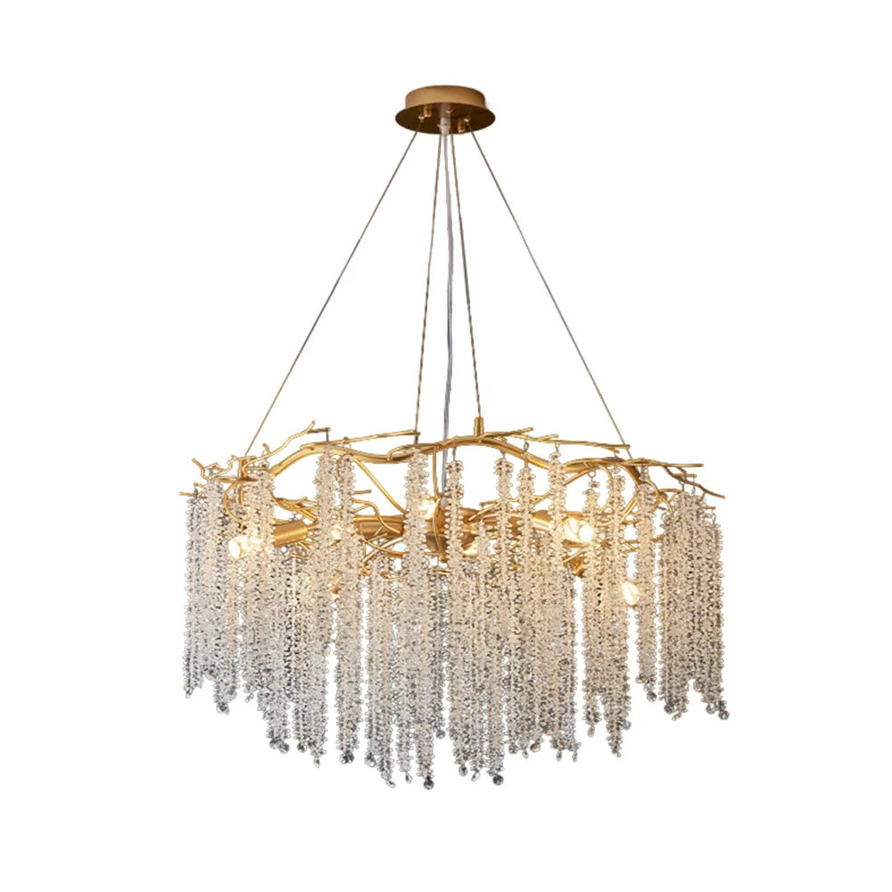 LIVARA Crystal Tassel Chandelier 6/8/10-Head LED Pendant Light, Gold Iron Frame & E14 Lamp Holder for Living Room Bedroom Dining Room