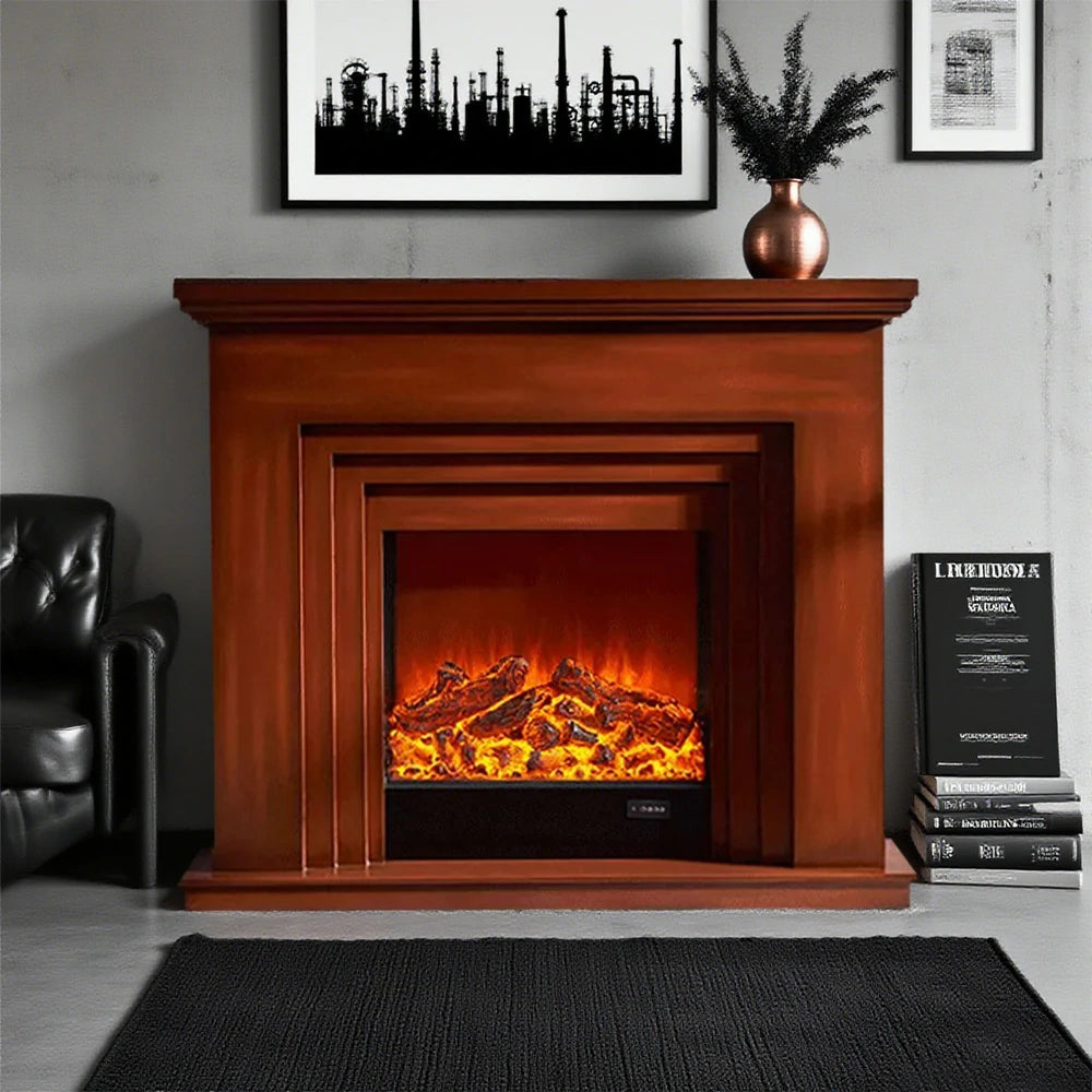 LIVARA 608 Electric Fireplace TV Cabinet - White Solid Wood Frame, 3D Flame Effect, Dual Core Options 12W/750–1500W - Brown