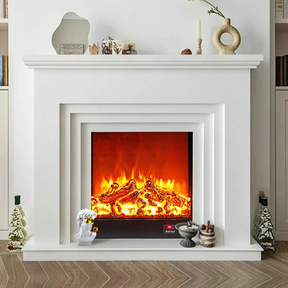 LIVARA 608 Electric Fireplace TV Cabinet - White Solid Wood Frame, 3D Flame Effect, Dual Core Options 12W/750–1500W - White