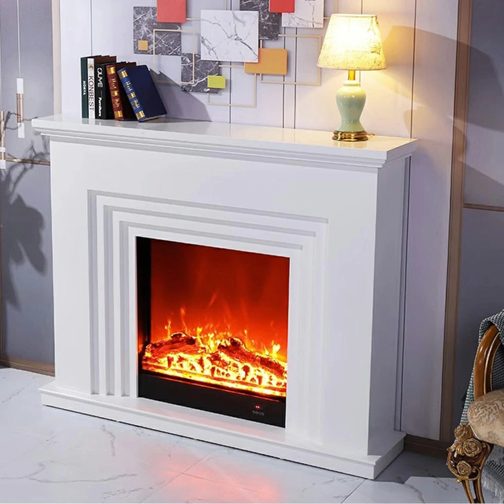 LIVARA 608 Electric Fireplace TV Cabinet - White Solid Wood Frame, 3D Flame Effect, Dual Core Options 12W/750–1500W - White