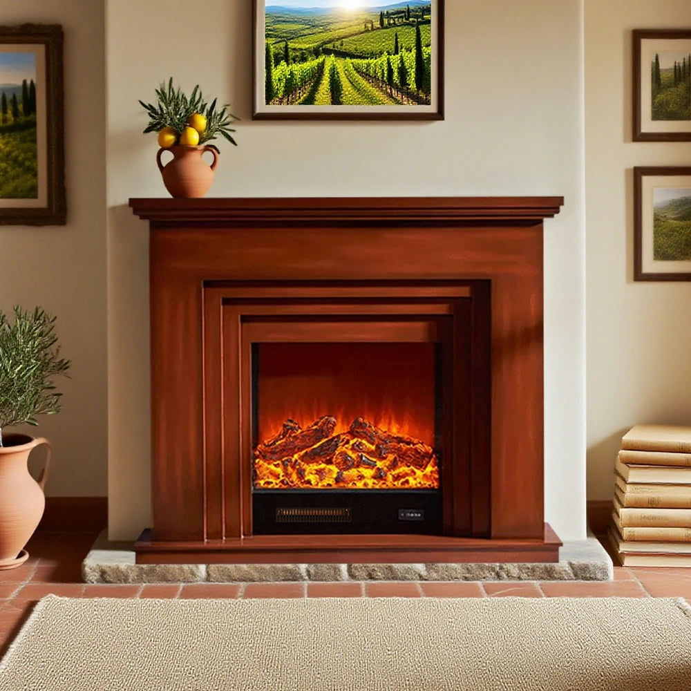 LIVARA 608 Electric Fireplace TV Cabinet - White Solid Wood Frame, 3D Flame Effect, Dual Core Options 12W/750–1500W - Brown