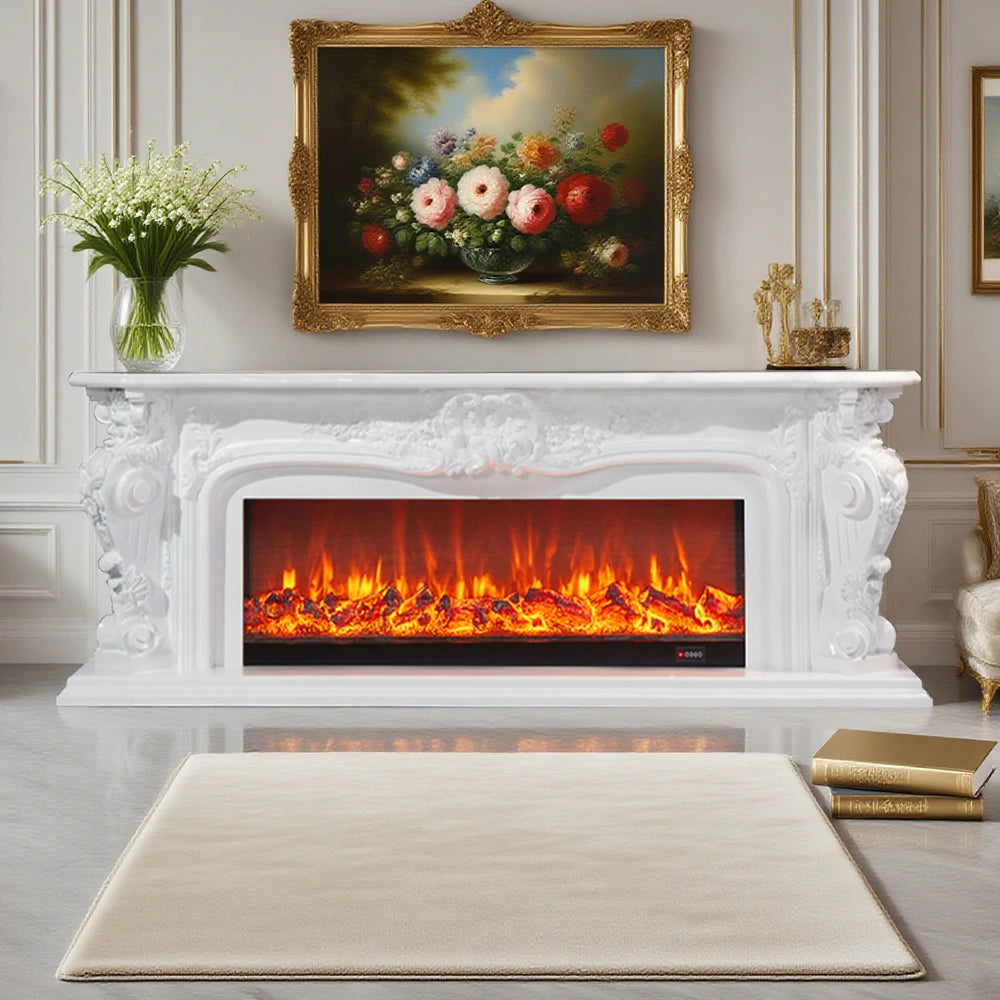 LIVARA 610 Electric Fireplace TV Stand - White Solid Wood, Remote Control, 3D Flame, Decorative or Heating Core Options 12W/750–1500W